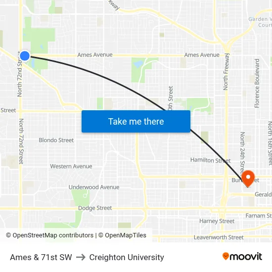 Ames & 71st SW to Creighton University map
