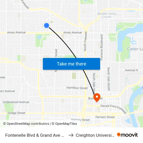 Fontenelle Blvd & Grand Ave NE to Creighton University map