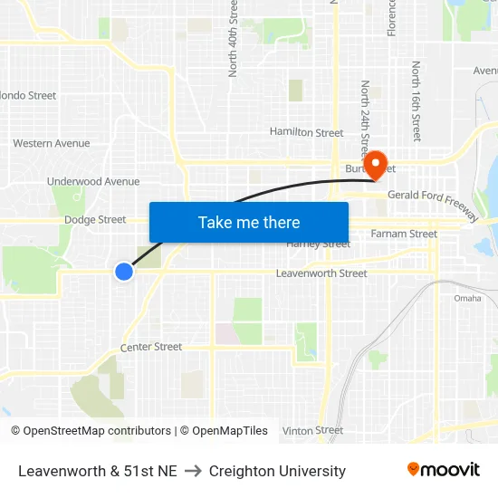 Leavenworth & 51st NE to Creighton University map