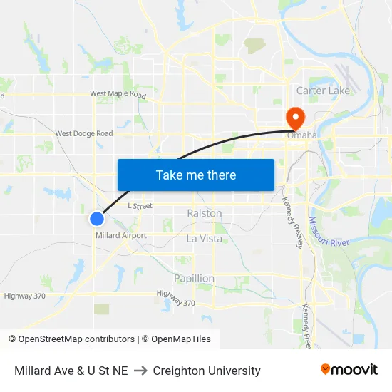 Millard Ave & U St NE to Creighton University map