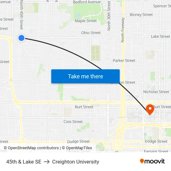 45th & Lake SE to Creighton University map