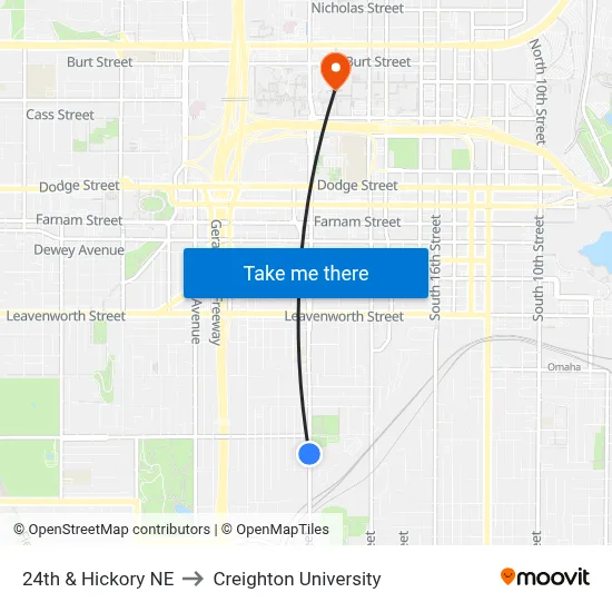24th & Hickory  NE to Creighton University map