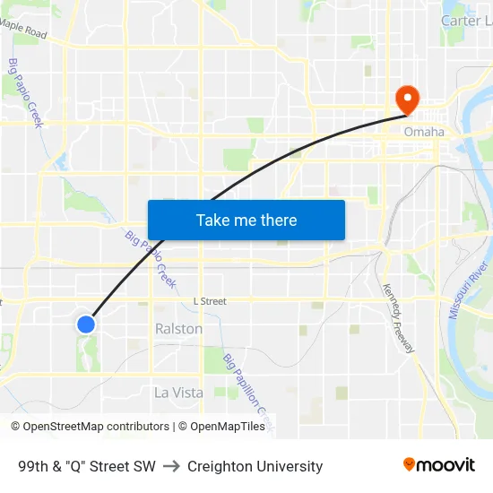 99th & "Q" Street SW to Creighton University map