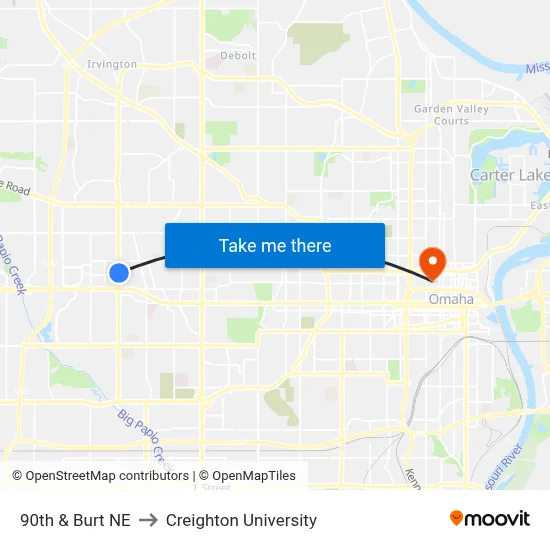 90th & Burt NE to Creighton University map