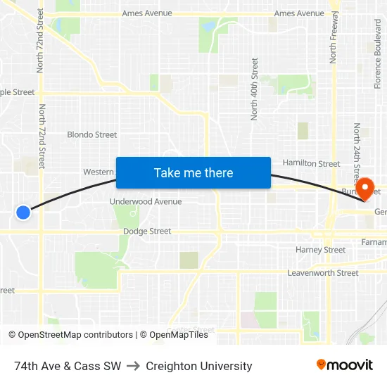 74th Ave & Cass SW to Creighton University map