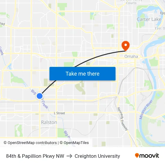 84th & Papillion Pkwy NW to Creighton University map