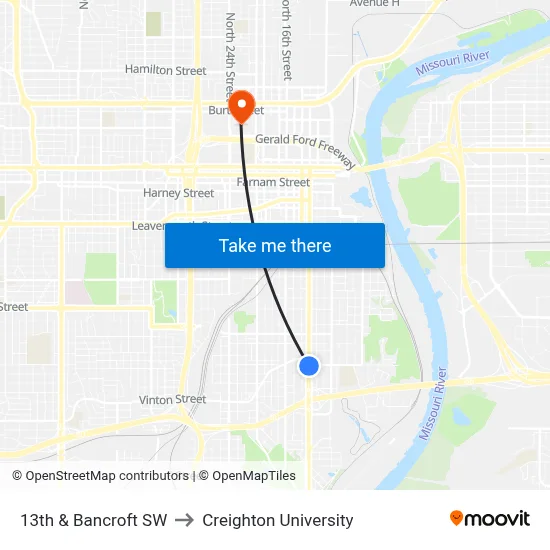 13th & Bancroft SW to Creighton University map