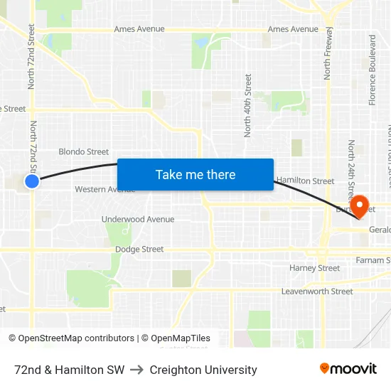 72nd & Hamilton SW to Creighton University map