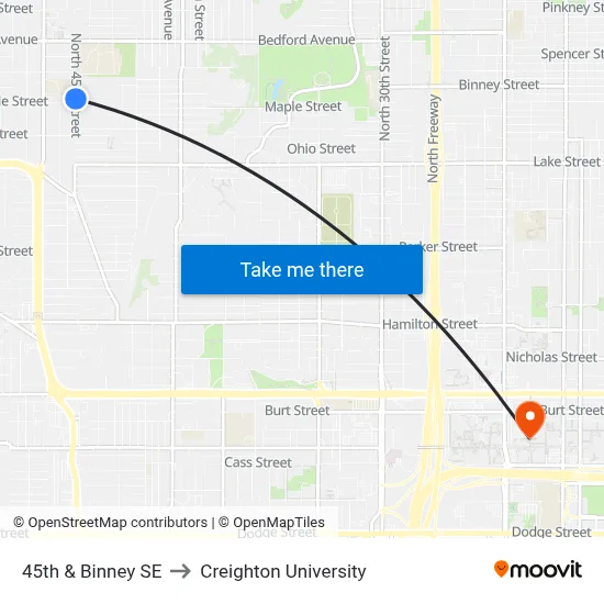 45th & Binney SE to Creighton University map