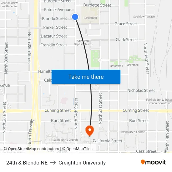 24th & Blondo NE to Creighton University map