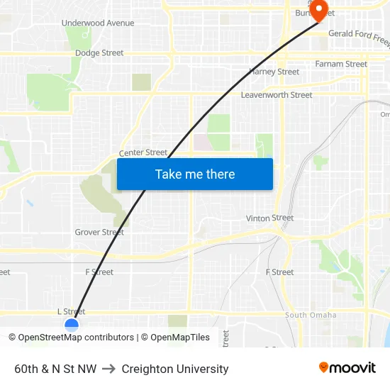 60th & N St NW to Creighton University map