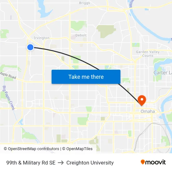 99th & Military Rd SE to Creighton University map