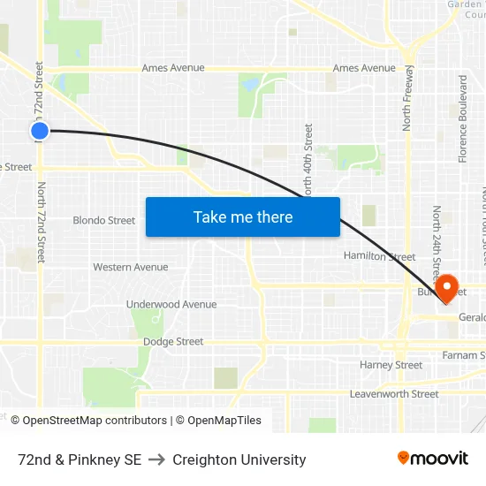 72nd & Pinkney SE to Creighton University map