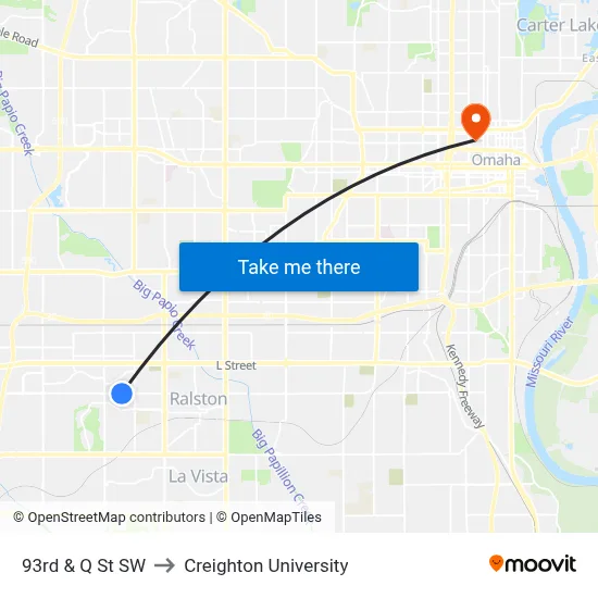 93rd & Q St SW to Creighton University map