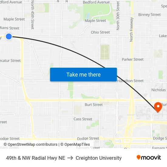 49th & NW Radial Hwy NE to Creighton University map