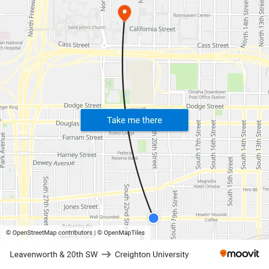 Leavenworth & 20th SW to Creighton University map