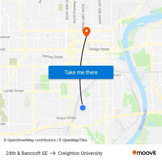 24th & Bancroft SE to Creighton University map