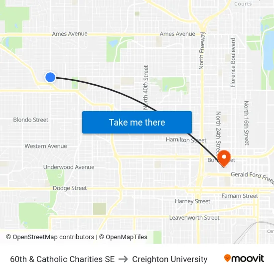 60th & Catholic Charities SE to Creighton University map