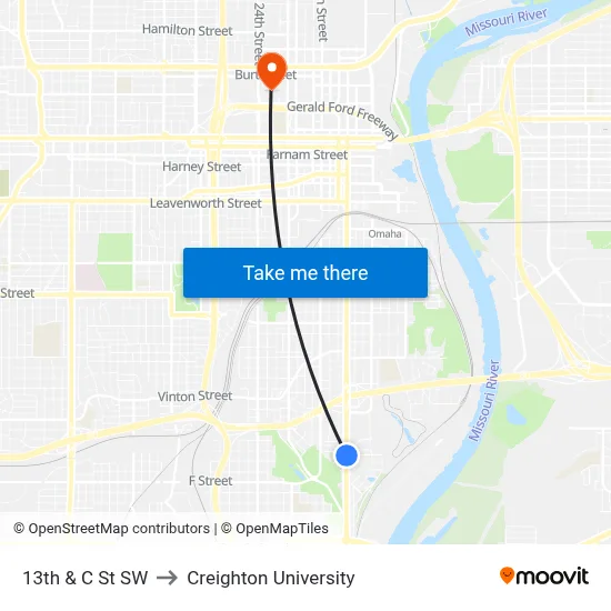 13th & C St SW to Creighton University map