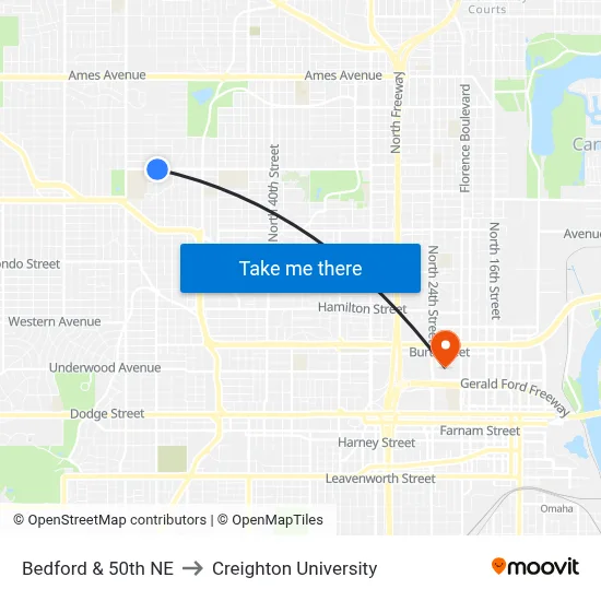 Bedford & 50th NE to Creighton University map
