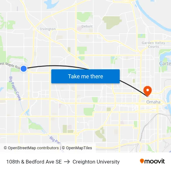 108th & Bedford Ave SE to Creighton University map
