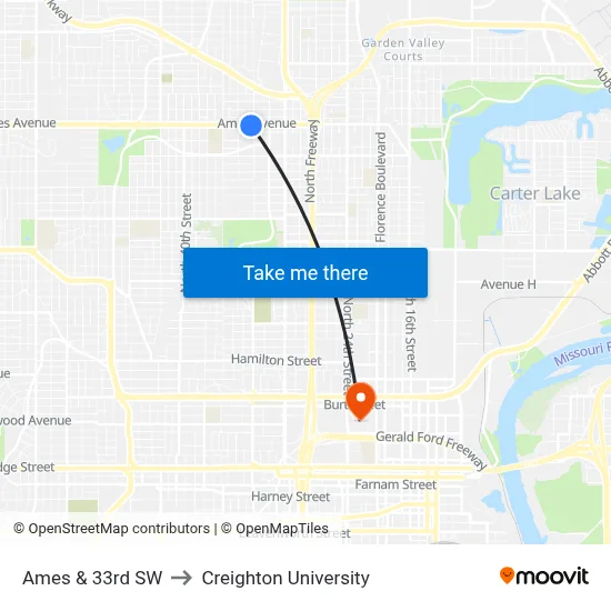 Ames & 33rd SW to Creighton University map