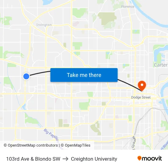 103rd Ave & Blondo SW to Creighton University map