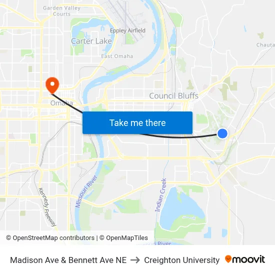 Madison Ave & Bennett Ave NE to Creighton University map
