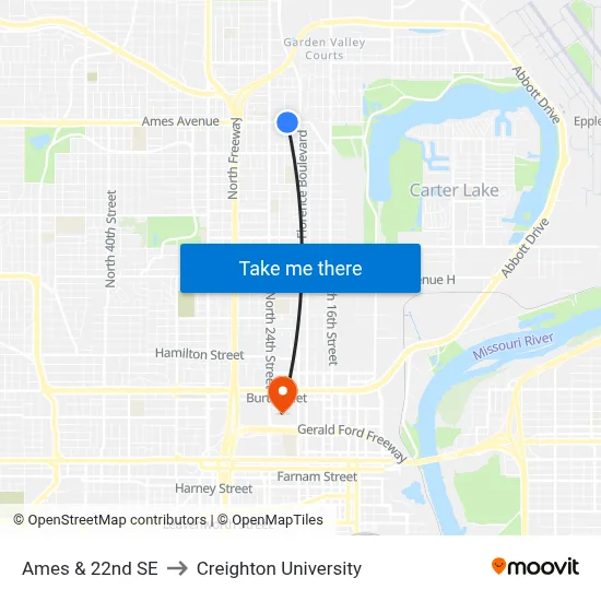 Ames & 22nd SE to Creighton University map