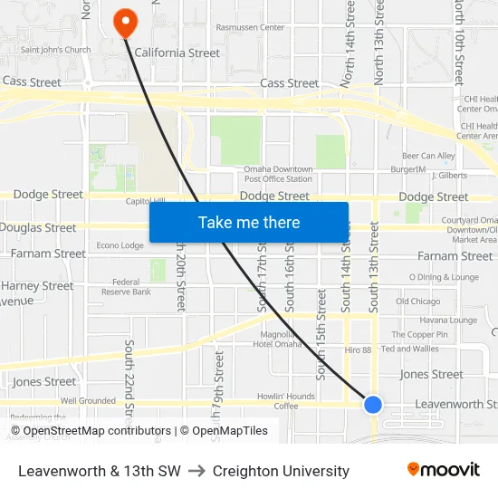 Leavenworth & 13th SW to Creighton University map