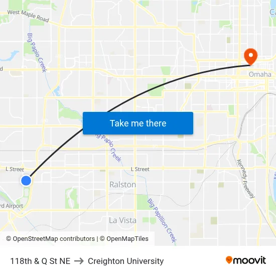 118th & Q St NE to Creighton University map
