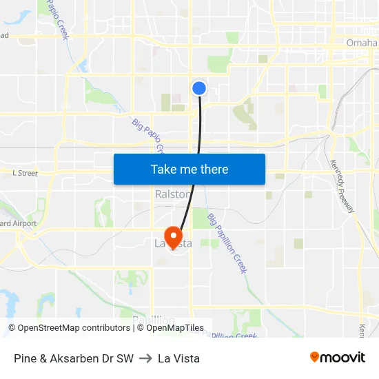 Pine & Aksarben Dr SW to La Vista map