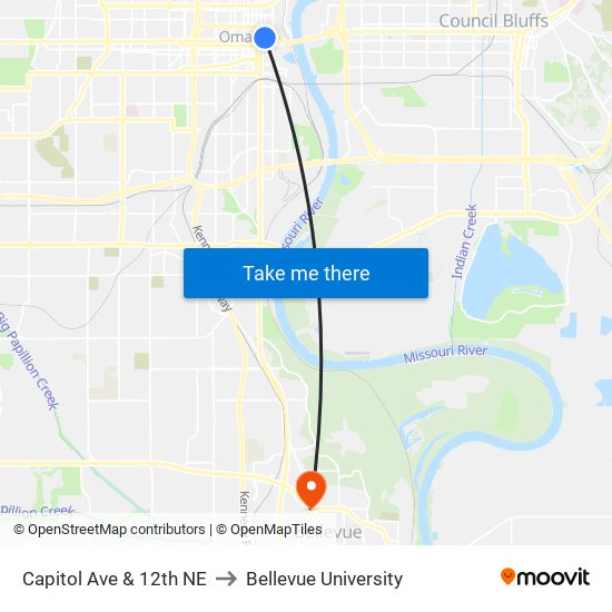 Capitol Ave & 12th NE to Bellevue University map