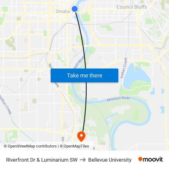 Riverfront Dr & Luminarium SW to Bellevue University map