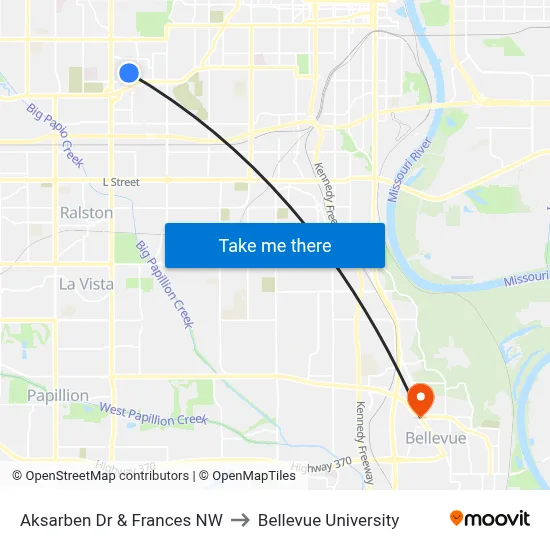 Aksarben Dr & Frances NW to Bellevue University map