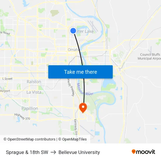 Sprague & 18th SW to Bellevue University map