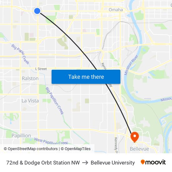 72nd & Dodge Orbt Station NW to Bellevue University map