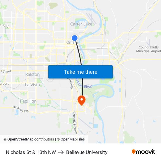 Nicholas St & 13th NW to Bellevue University map