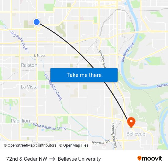 72nd & Cedar NW to Bellevue University map