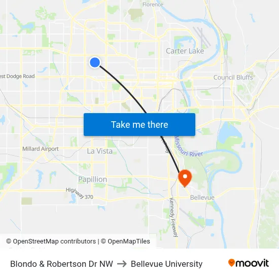 Blondo & Robertson Dr NW to Bellevue University map