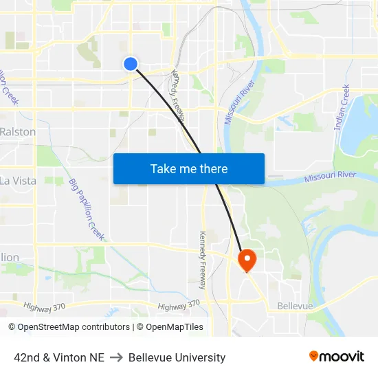 42nd & Vinton NE to Bellevue University map