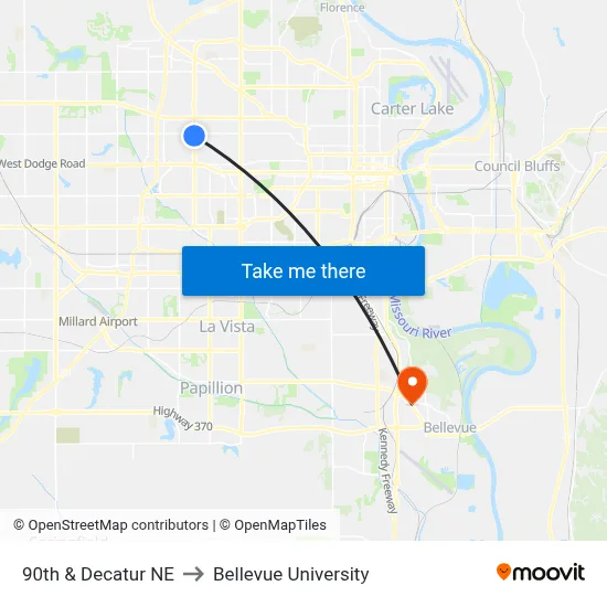 90th & Decatur NE to Bellevue University map