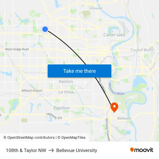 108th & Taylor NW to Bellevue University map