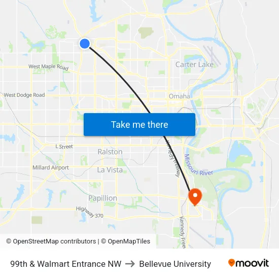 99th & Walmart Entrance NW to Bellevue University map