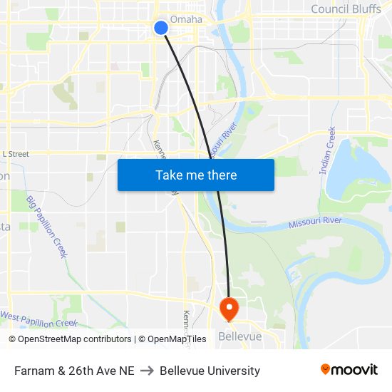 Farnam & 26th Ave NE to Bellevue University map