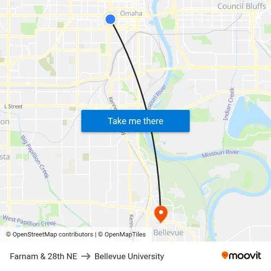 Farnam & 28th NE to Bellevue University map