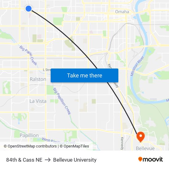 84th & Cass NE to Bellevue University map