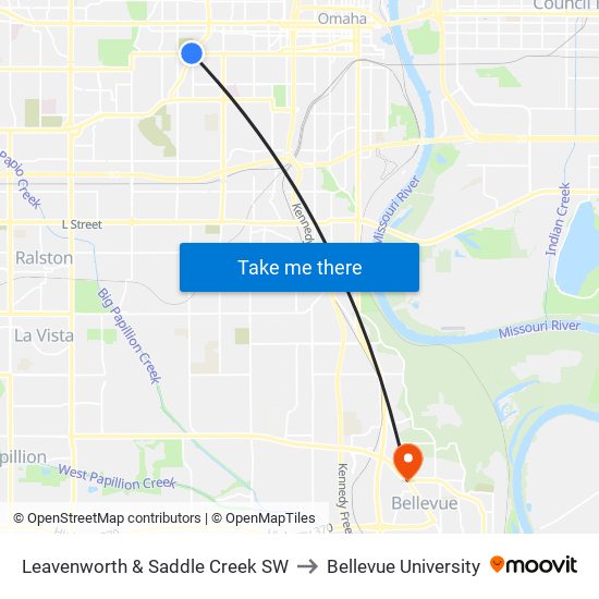 Leavenworth & Saddle Creek SW to Bellevue University map