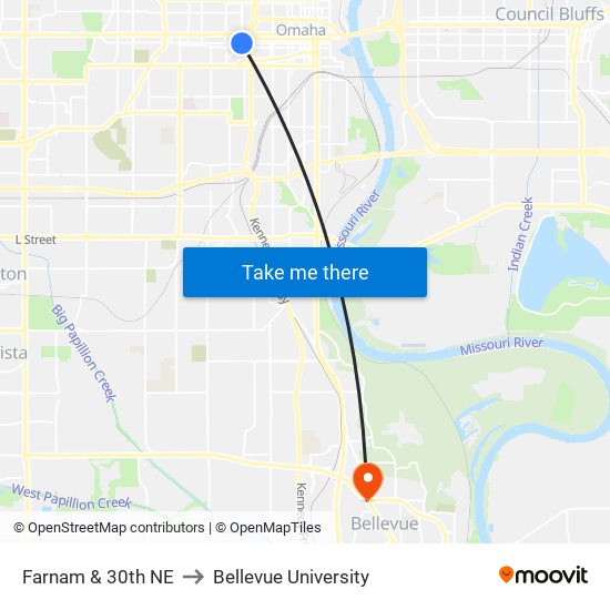 Farnam & 30th NE to Bellevue University map