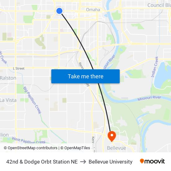 42nd & Dodge Orbt Station NE to Bellevue University map